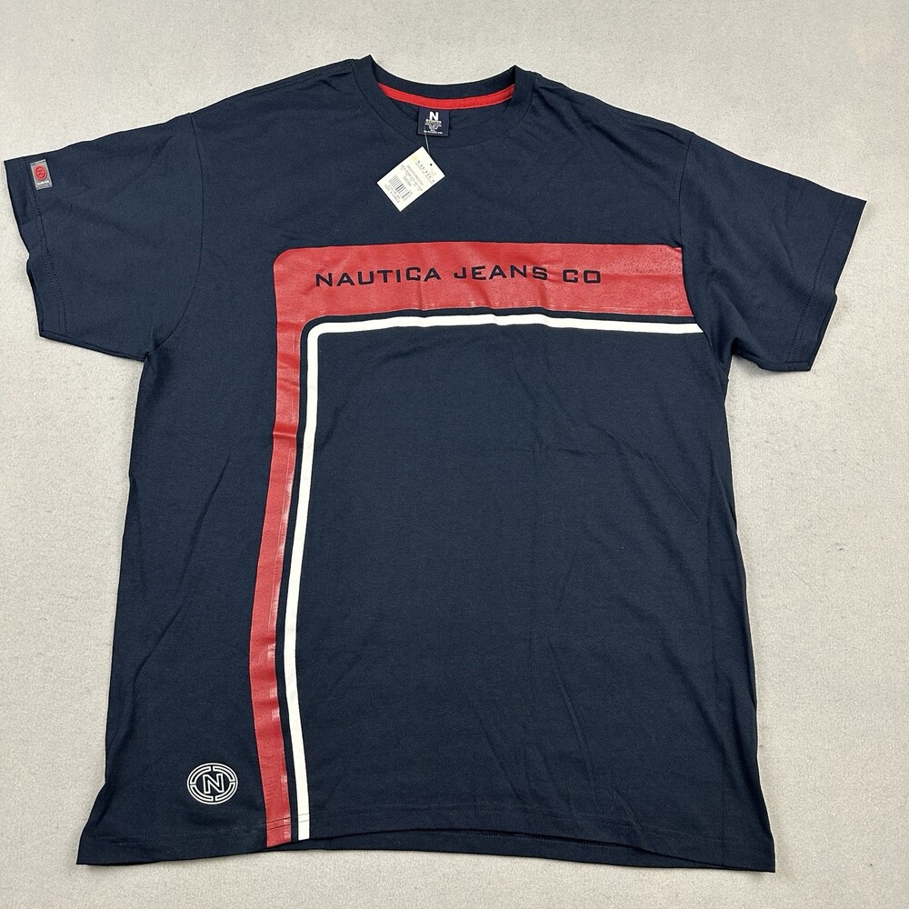 Nautica Jeans Co. Shirt Men Extra Large Blue Red Graphic Tee Y2K Deadstock XL